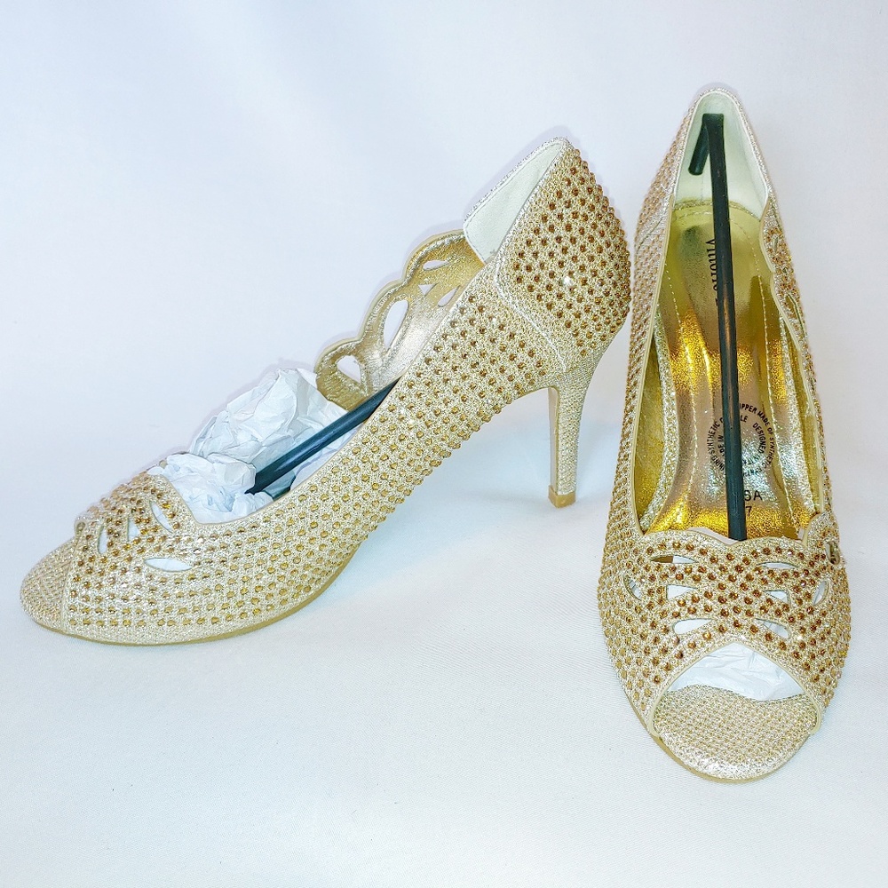 Gold/Gold Rhinestone Slip On Womens Pumps - Sz. 7